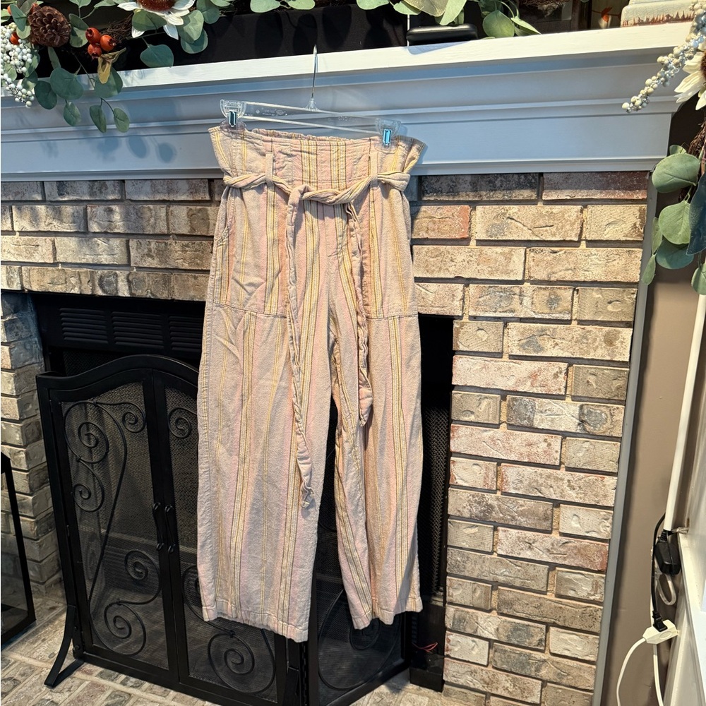 American Eagle linen stipe wide leg pants, khaki multi, size Med, EUC